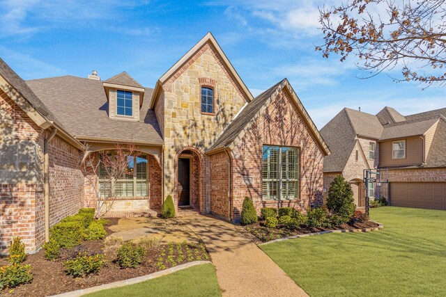 view of front of home with stone siding, a shingled roof, a front yard, and brick siding