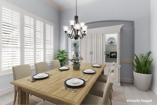 dining space featuring an inviting chandelier, baseboards, crown molding, and light colored carpet