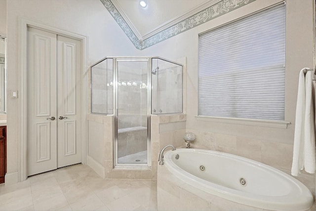 bathroom featuring ornamental molding, a shower stall, vanity, tile patterned flooring, and a jetted tub