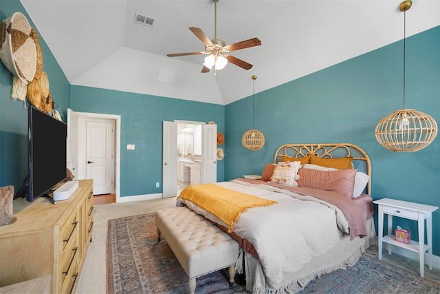 carpeted bedroom featuring high vaulted ceiling, a ceiling fan, visible vents, baseboards, and ensuite bath