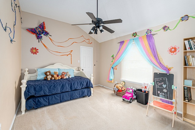 bedroom featuring vaulted ceiling, carpet floors, a ceiling fan, and baseboards