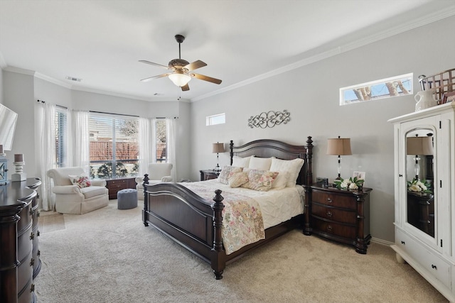 bedroom featuring light carpet, baseboards, visible vents, ceiling fan, and crown molding