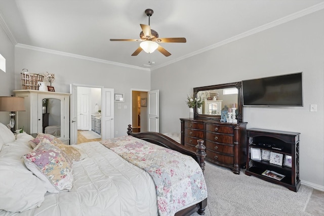 bedroom with ornamental molding, light carpet, and a ceiling fan