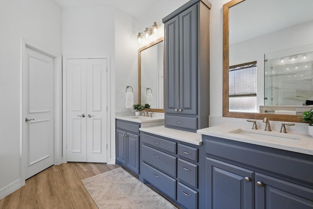 bathroom featuring double vanity, a stall shower, a closet, wood finished floors, and a sink