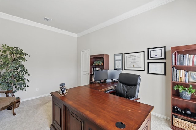 office area with light carpet, ornamental molding, visible vents, and baseboards