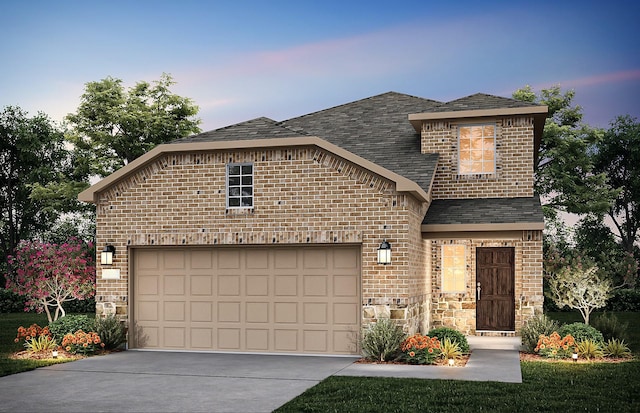 view of front facade with driveway, stone siding, roof with shingles, an attached garage, and brick siding