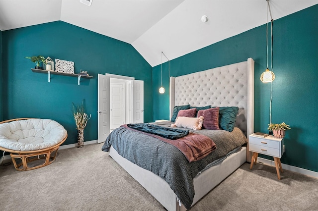 bedroom featuring carpet, visible vents, lofted ceiling, and baseboards