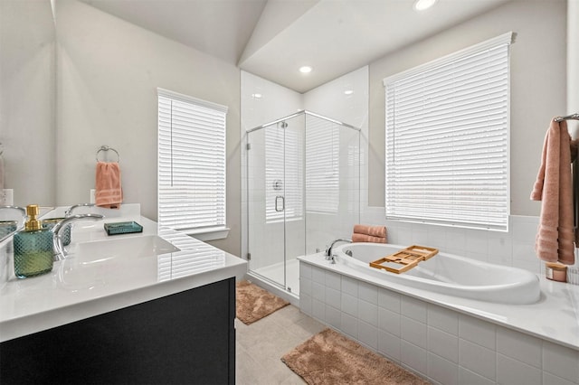 full bath featuring a garden tub, recessed lighting, a shower stall, vanity, and tile patterned flooring