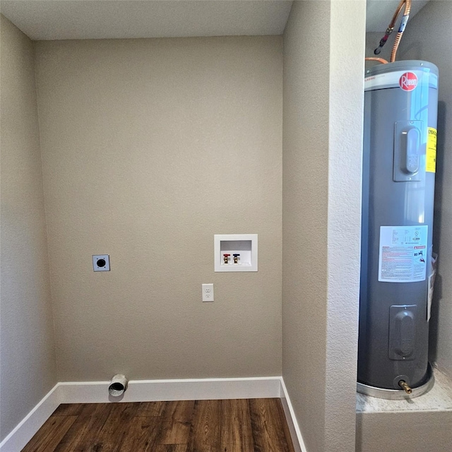 laundry area with hookup for a washing machine, electric water heater, laundry area, wood finished floors, and electric dryer hookup