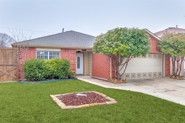 single story home with brick siding, roof with shingles, concrete driveway, an attached garage, and a front yard