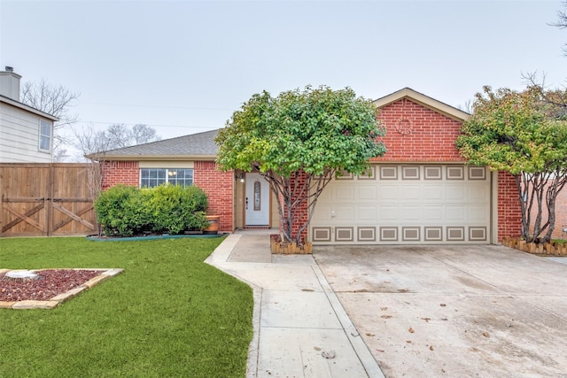 ranch-style home with concrete driveway, an attached garage, fence, a front lawn, and brick siding