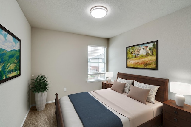 carpeted bedroom with a textured ceiling and baseboards