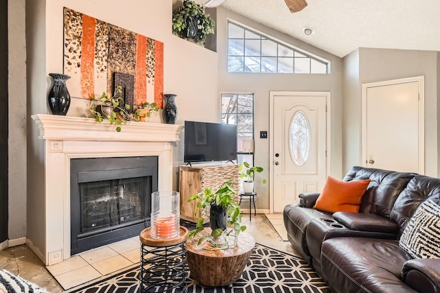4727 Poppy Dr E, Fort Worth, TX 76137 - tiled living area with a fireplace with flush hearth and high vaulted ceiling