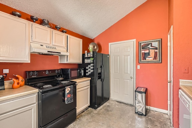 kitchen featuring lofted ceiling, light countertops, a textured ceiling, under cabinet range hood, and black appliances