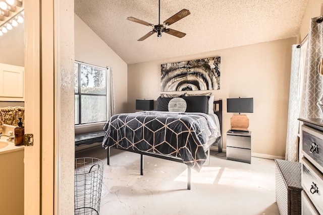 bedroom featuring vaulted ceiling, ceiling fan, a textured ceiling, and baseboards