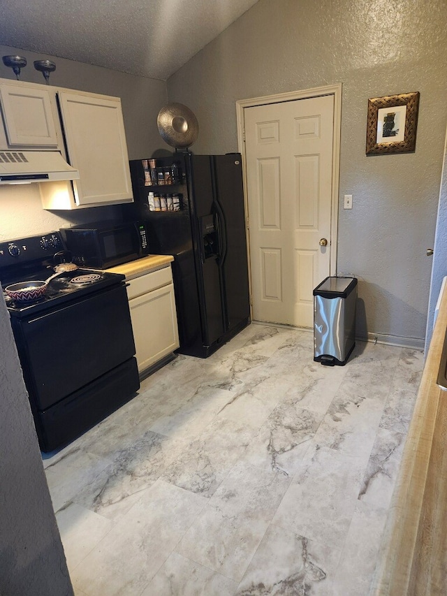 4727 Poppy Dr E, Fort Worth, TX 76137 - kitchen featuring black appliances, under cabinet range hood, a textured wall, white cabinets, and vaulted ceiling