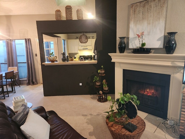 4727 Poppy Dr E, Fort Worth, TX 76137 - living area featuring light colored carpet and a fireplace with flush hearth