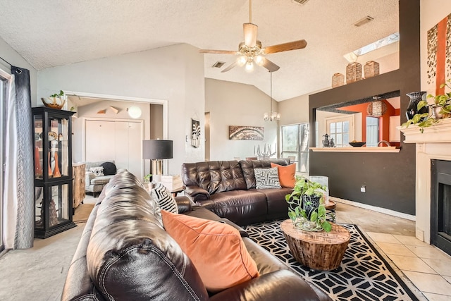 4727 Poppy Dr E, Fort Worth, TX 76137 - living area featuring vaulted ceiling, ceiling fan, a fireplace with flush hearth, a textured ceiling, and a chandelier