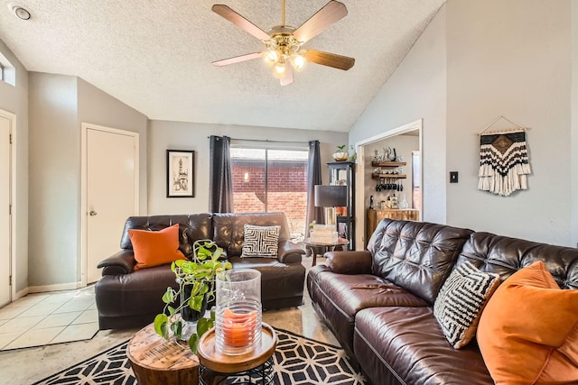 4727 Poppy Dr E, Fort Worth, TX 76137 - living area with ceiling fan, a textured ceiling, and vaulted ceiling
