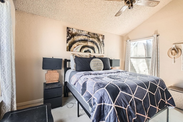 4727 Poppy Dr E, Fort Worth, TX 76137 - bedroom with vaulted ceiling, a textured ceiling, a ceiling fan, and concrete flooring
