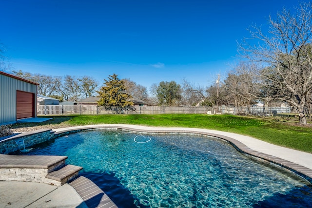 view of swimming pool featuring a lawn, a fenced backyard, and a fenced in pool