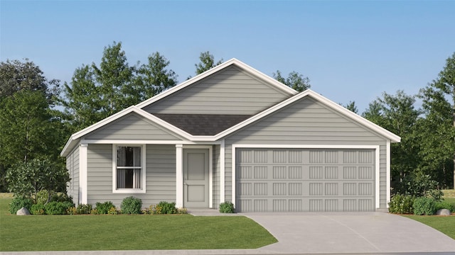 ranch-style home featuring a garage, concrete driveway, a shingled roof, and a front yard