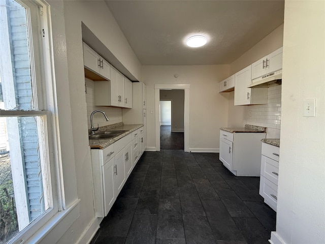 kitchen featuring tasteful backsplash, white cabinets, a sink, under cabinet range hood, and baseboards