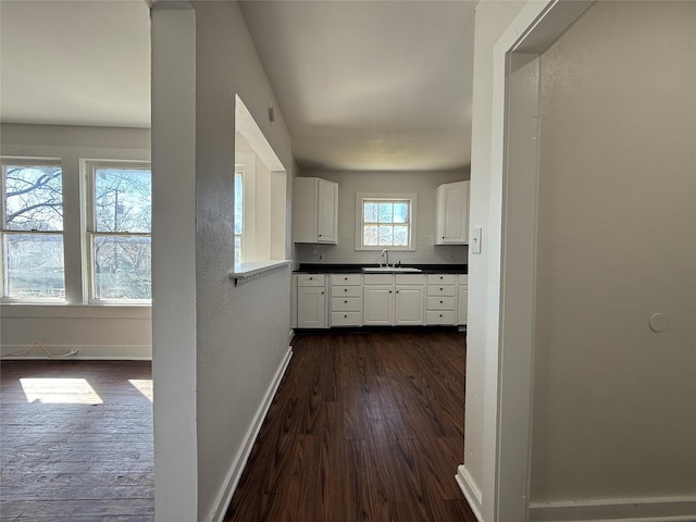 hall featuring a sink, baseboards, and dark wood-type flooring