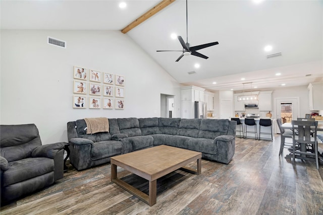 living room featuring beam ceiling, visible vents, wood finished floors, and recessed lighting