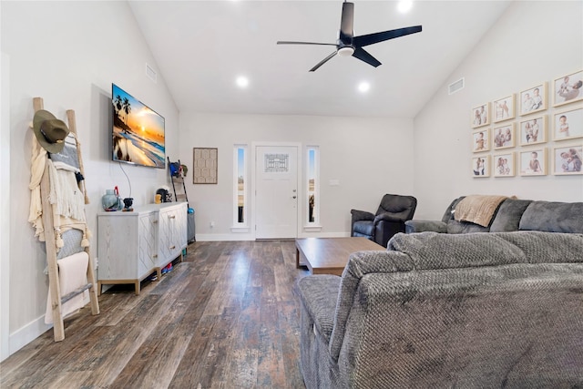 living room featuring dark wood-style floors, recessed lighting, visible vents, a ceiling fan, and baseboards