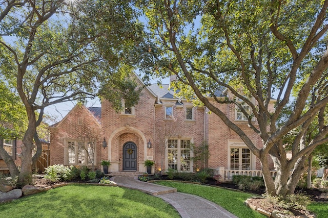 view of front facade with a shingled roof, a front lawn, and brick siding