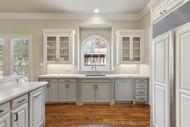 kitchen featuring dark wood-style flooring, glass insert cabinets, light countertops, and a sink