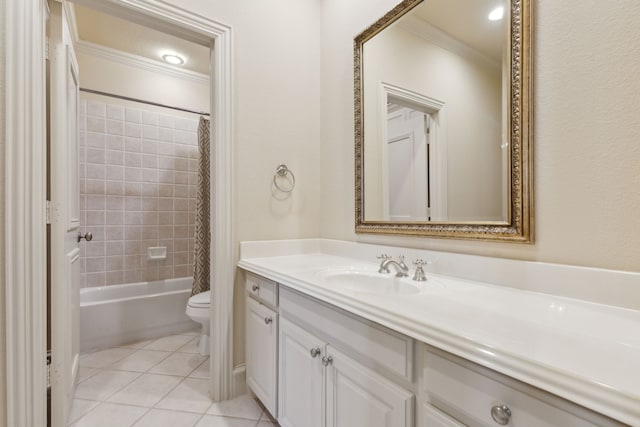 full bath with shower / bathtub combination with curtain, toilet, vanity, tile patterned floors, and crown molding