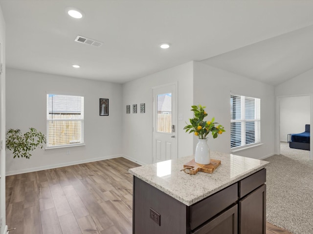 kitchen with a healthy amount of sunlight, visible vents, open floor plan, and dark brown cabinets