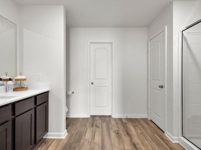 full bath featuring a stall shower, a closet, wood finished floors, and vanity