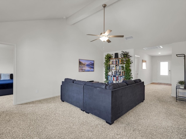 carpeted living room featuring vaulted ceiling with beams, baseboards, visible vents, and ceiling fan