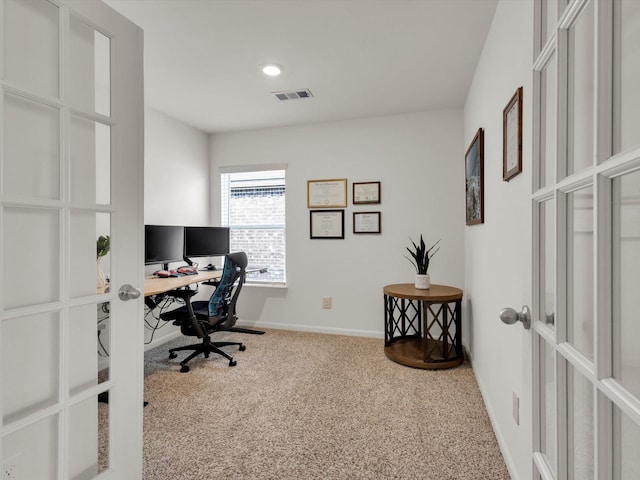 office area with recessed lighting, carpet flooring, visible vents, baseboards, and french doors