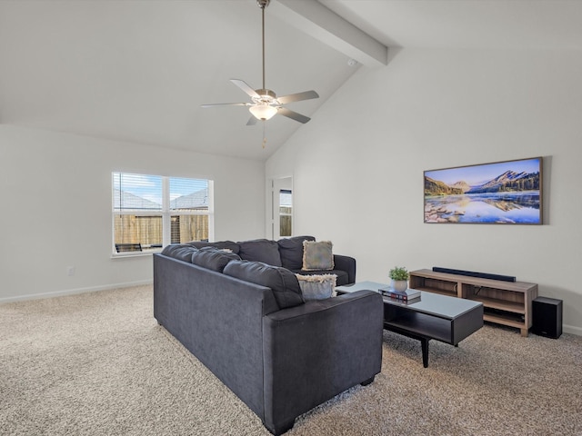 carpeted living room with high vaulted ceiling, beamed ceiling, a ceiling fan, and baseboards