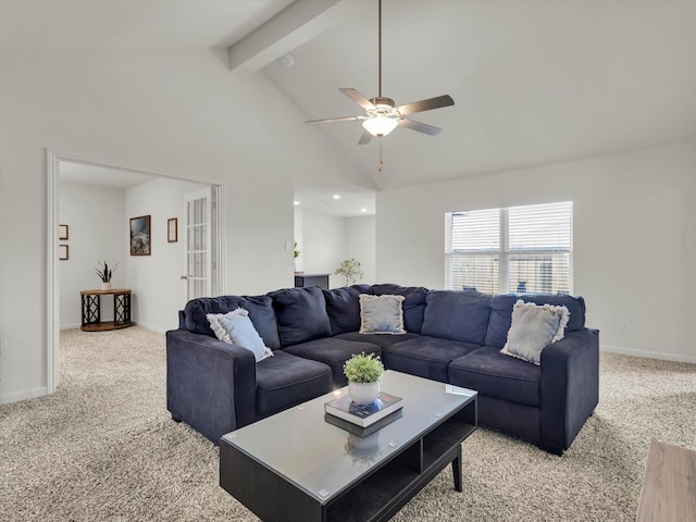 living area featuring a ceiling fan, light carpet, beamed ceiling, and baseboards