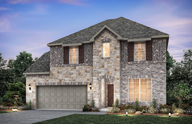 french country style house with a garage, stone siding, roof with shingles, and driveway