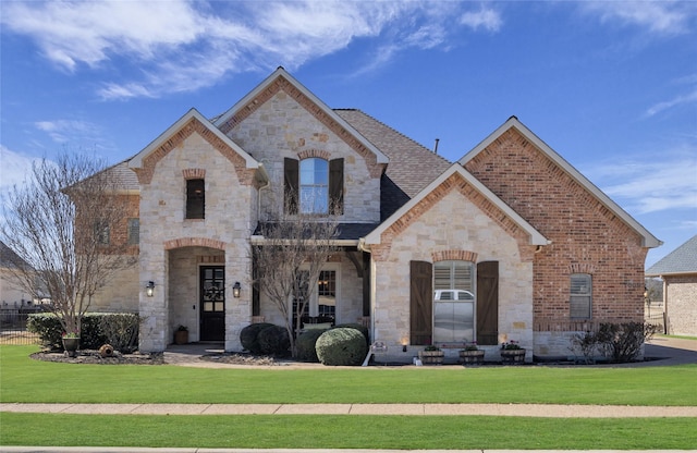 french country style house with a shingled roof, a front lawn, and brick siding