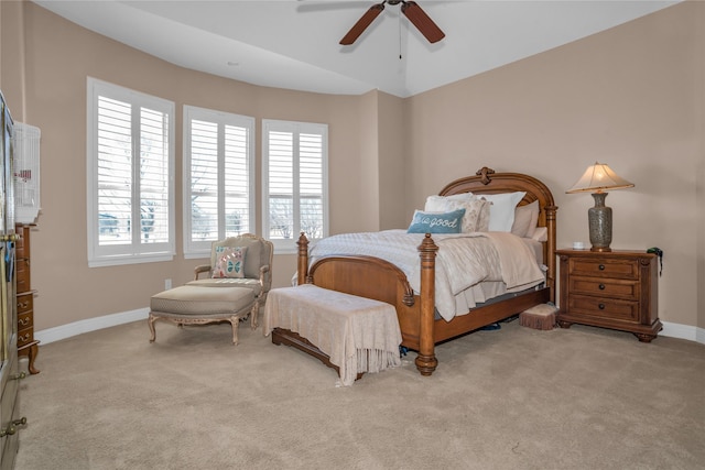 bedroom featuring carpet flooring, baseboards, and a ceiling fan