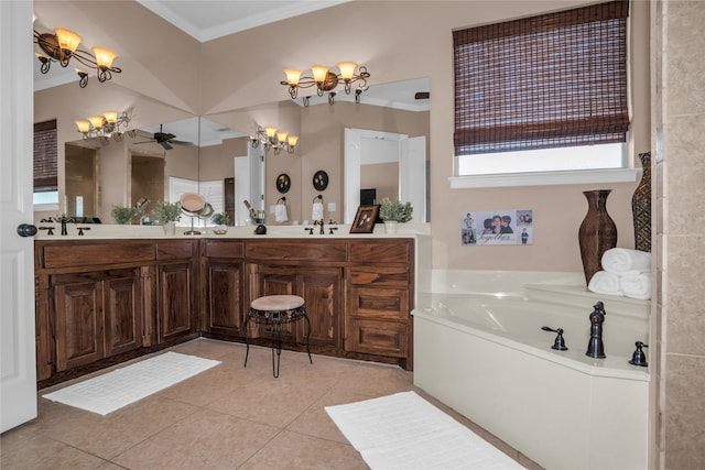 full bathroom with a sink, double vanity, tile patterned flooring, crown molding, and a garden tub