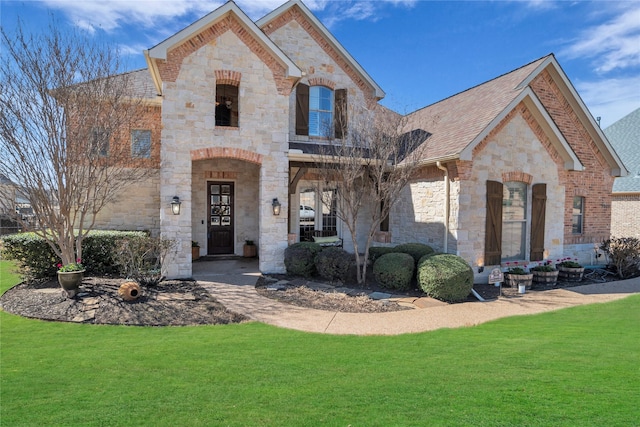 french country home with stone siding, roof with shingles, and a front lawn