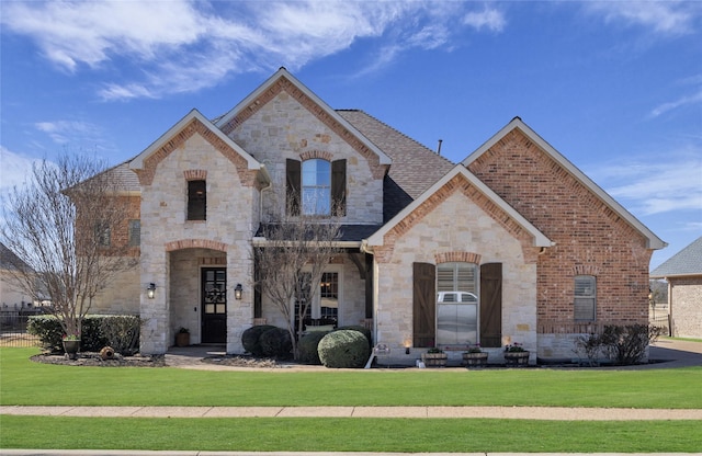 view of side of home with an attached garage, a shingled roof, driveway, and brick siding