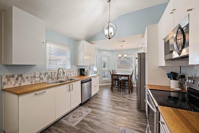 kitchen with a sink, stainless steel appliances, and butcher block counters