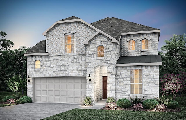 french country home with driveway, a garage, a shingled roof, metal roof, and a standing seam roof