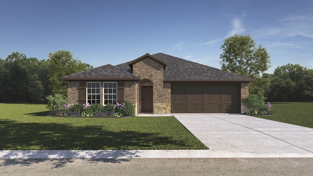 view of front facade featuring a front yard, brick siding, driveway, and an attached garage