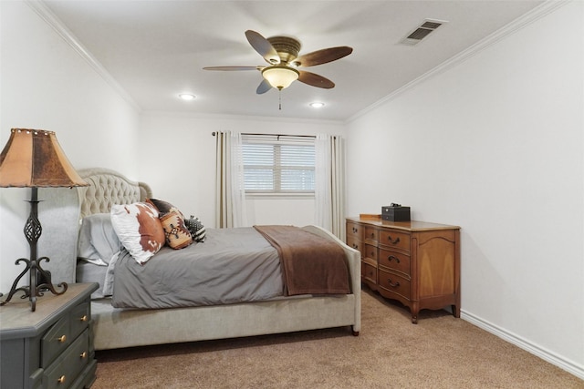 bedroom featuring light carpet, baseboards, visible vents, a ceiling fan, and crown molding