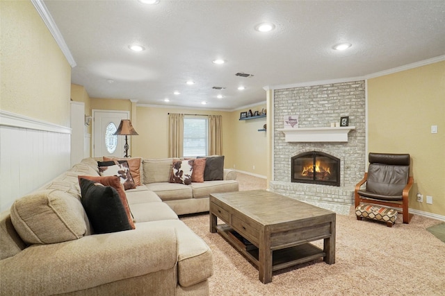 living area featuring a fireplace, recessed lighting, light colored carpet, visible vents, and ornamental molding